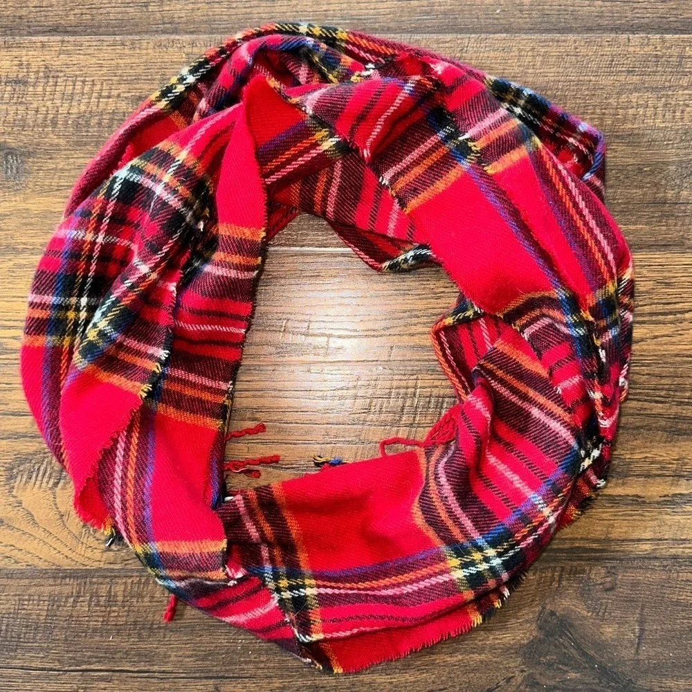 Red Tartan Plaid Scarf with Fringe Ends